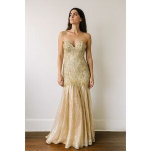 Mac Duggal Couture Beaded‎ Strapless Gown Womens 2 Champagne Lace Mermaid Formal